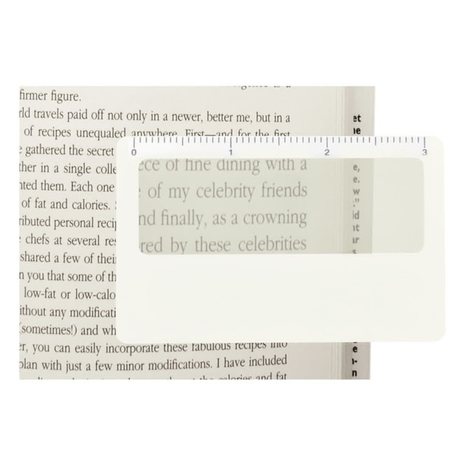 A pocket ruler magnifier with a transparent sleeve, measuring up to 15 cm, against a page of text.