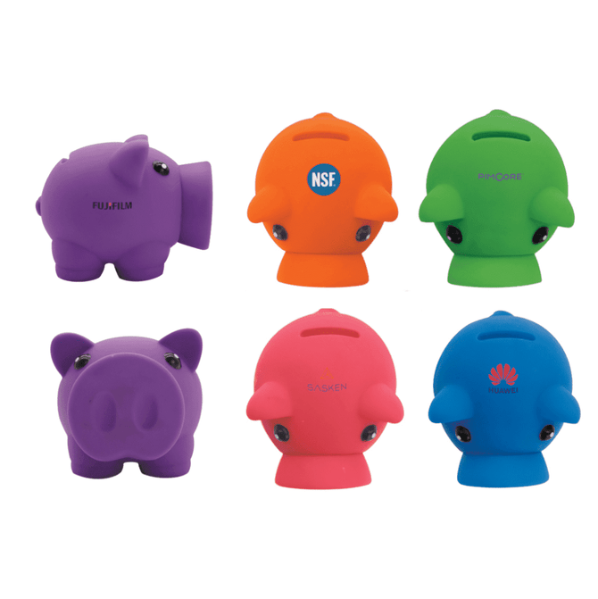 A set of colourful money boxes in the shapes of pigs and piglets, featuring various designs and a logo on one.