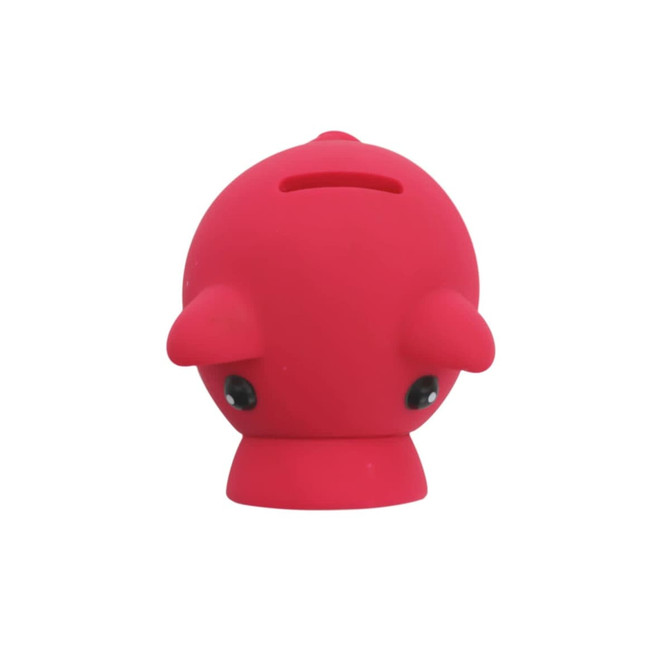 A red piglet-shaped money box with small ears and black eyes, featuring a slot for coins on the back.