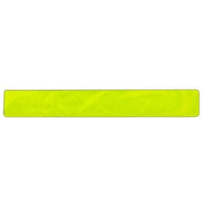 A reflective slap wristband in bright yellow, featuring a smooth, flexible design and a logo.