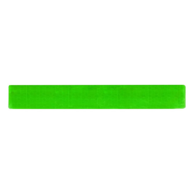 A bright green reflective slap wristband with a textured surface, featuring a logo.