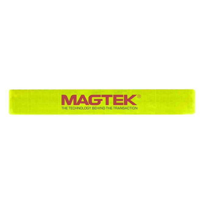 A reflective slap wristband in bright yellow with a logo, designed for events and exhibitions.