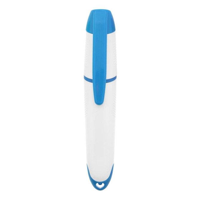 A highlighter featuring a white barrel and blue accents, with a logo on its surface.