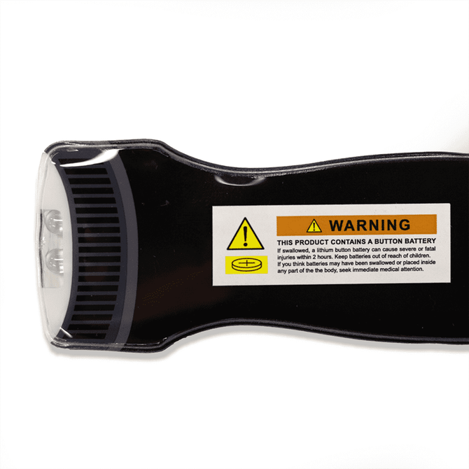 A black magnetic flashlight with two LED lights, featuring a warning label and a visible battery compartment.
