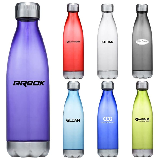 A drink bottle collection featuring various colours: purple, red, silver, green, and blue, each with branding.