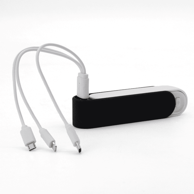 A black and white Slider Power Bank (2,200 mAh) with two attached charging cables.