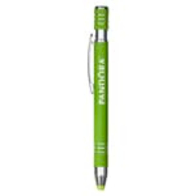 A green metal pen with a clip and a logo, featuring a sleek design and a silver accent.