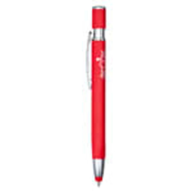 A red metal pen with a silver clip and a branding logo.