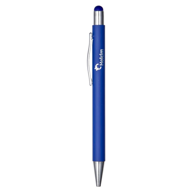A blue metal pen with a silver clip and a logo, featuring a smooth finish and a stylus tip.