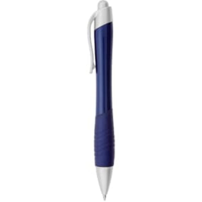 A navy metallic pen with a white clip and rubber grip, featuring a logo on the barrel.