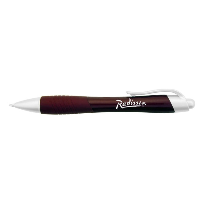 A metallic pen in dark maroon with silver accents and a logo on the barrel. Ideal for writing.