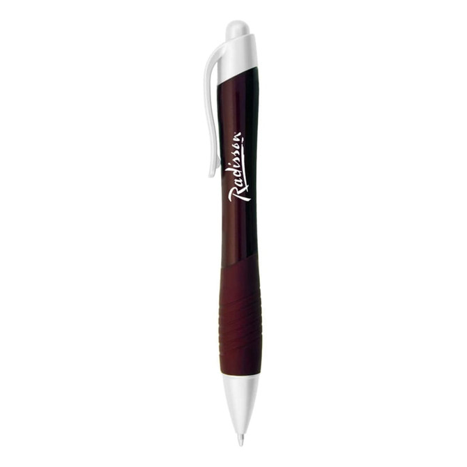 A metallic pen in burgundy with a white grip and silver accents, featuring a logo.