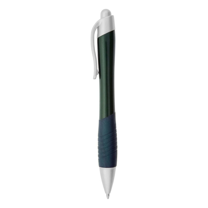 A metallic green pen with a silver clip and a textured grip, featuring a logo on the barrel.