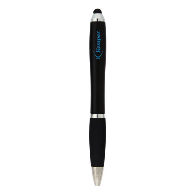 A black stylus pen with a silver tip and grip, featuring a logo along the barrel.