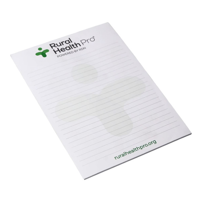 A5 notepad with lined pages, featuring a logo, in a white colour with a subtle background design.