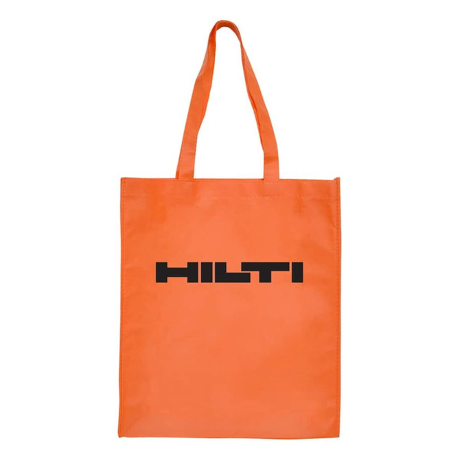 An orange large shopping tote bag with a gusset and a logo on the front.
