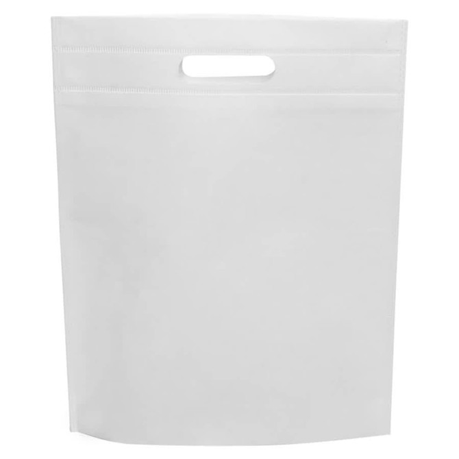 A white non-woven gift bag with a cut-out handle and a smooth texture, featuring a logo on the front.