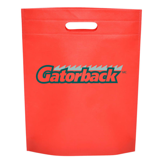 A bright red non-woven gift bag with a sturdy handle and a logo on the front.