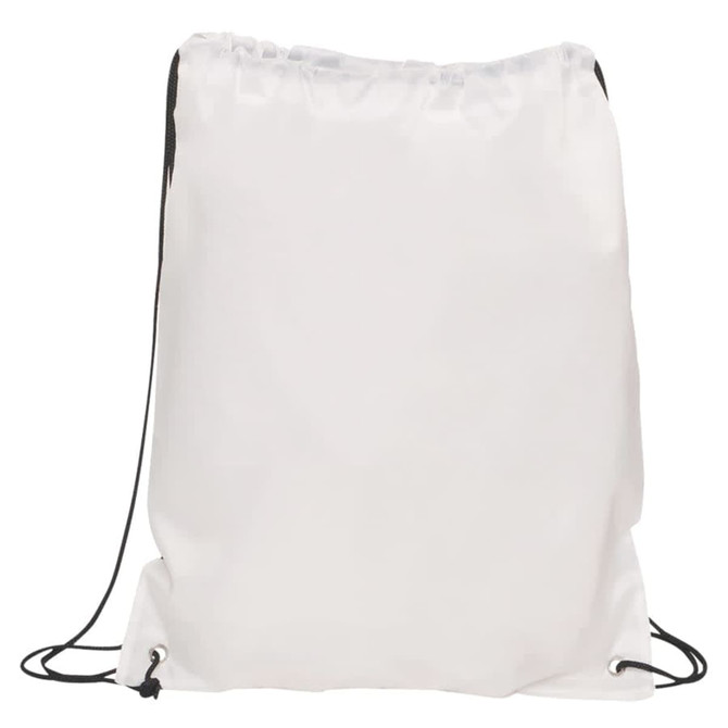 A white drawstring gym bag with black cords and a logo at the bottom.