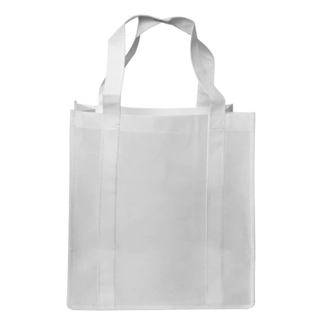 A white shopping tote bag with a gusset and two sturdy handles. It features a simple design with a logo.