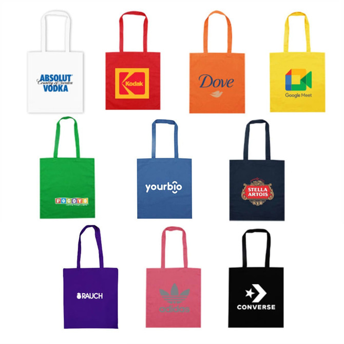 A collection of colourful tote bags in various shades with multiple logos and designs.