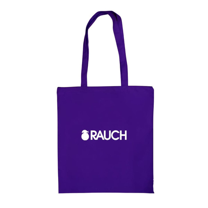 A purple tote bag with two handles and a logo on the front.