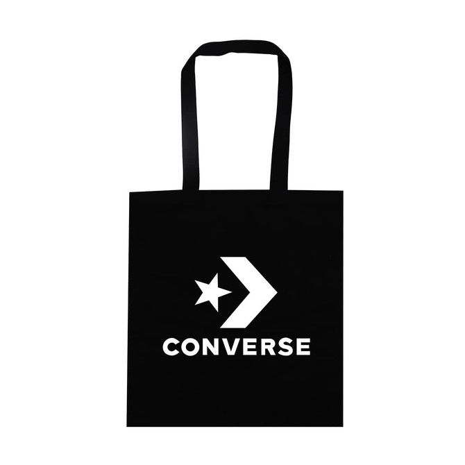A black tote bag with a logo featuring a star and arrow, labelled "CONVERSE". It has shoulder-length straps.