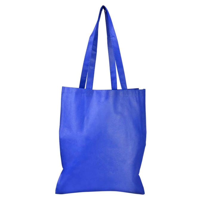 A blue shopping tote bag with a V gusset and long handles, featuring a logo.