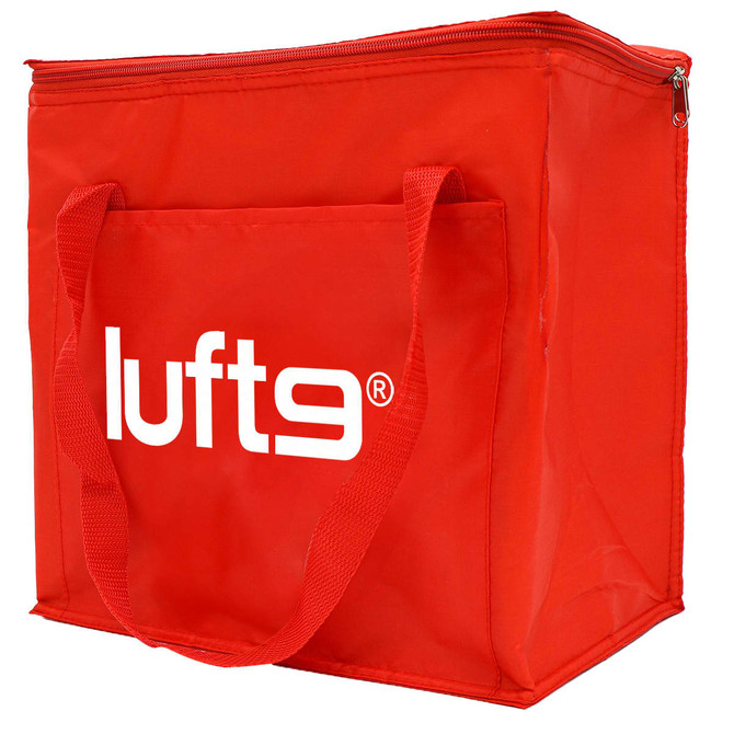 A red insulated grocery bag with handles and a zip closure, featuring a logo on the front.
