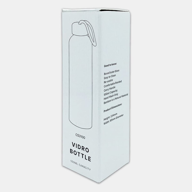 A drink bottle in a white cardboard box, featuring a logo and information about its 550ml capacity.
