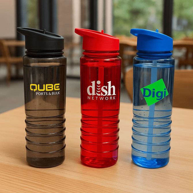A drink bottle collection featuring a red, black, and blue Tritan water bottle with various designs and logos.