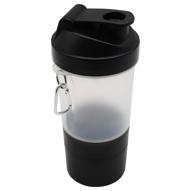 A drink bottle with a clear body and black accents, featuring a screw-top lid and a carabiner clip.