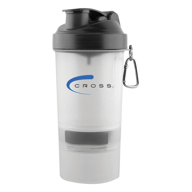 A shaker cup in clear and black, featuring a logo and a detachable bottom compartment. 