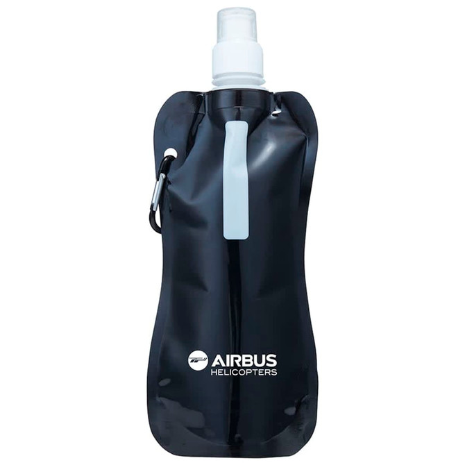 A drink bottle in black, featuring a plastic spout and a carabiner. It has a logo on the front.