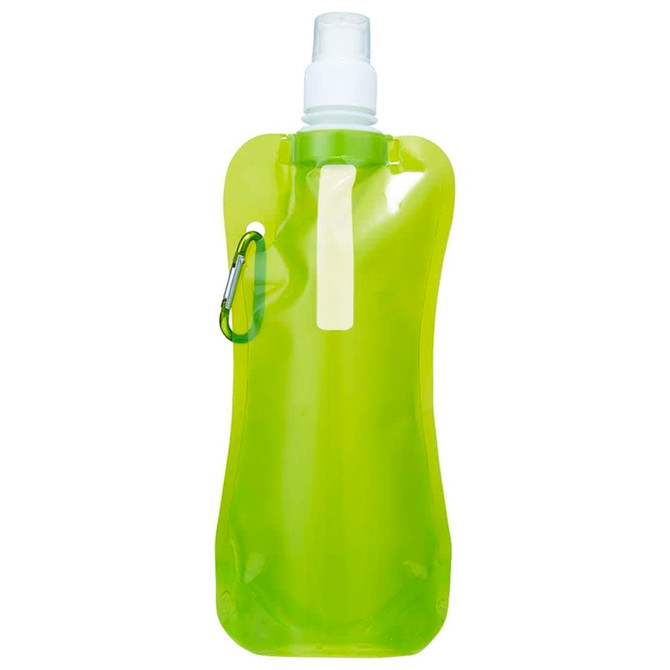 A drink bottle in bright green, featuring a flexible pouch design and a carabiner for attachment.