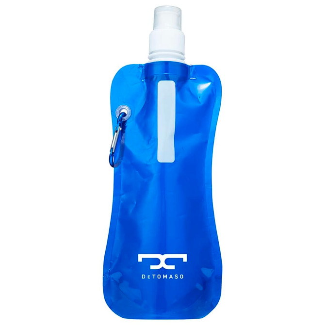 A drink bottle featuring a blue water pouch design with a clear section and a carabiner attachment.