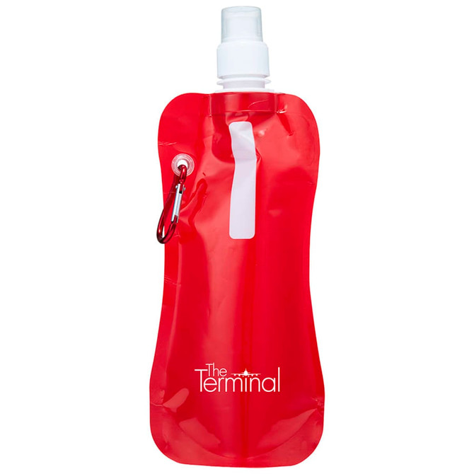 A drink bottle in a vibrant red colour with a white logo and a spray cap, featuring a convenient attachment point.
