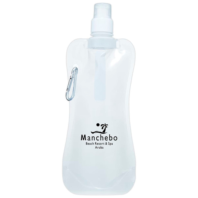 A drink bottle in a transparent design with a screw cap, featuring a carabiner and a logo.