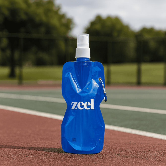 A drink bottle in blue with a unique shape and a logo, designed for easy handling.