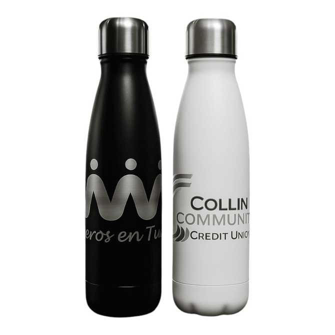A drink bottle set featuring a black and a white stainless steel water bottle, each with a logo.