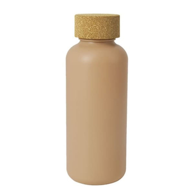 A drink bottle in a neutral beige colour with a cork-like lid and a simple design, featuring a logo.