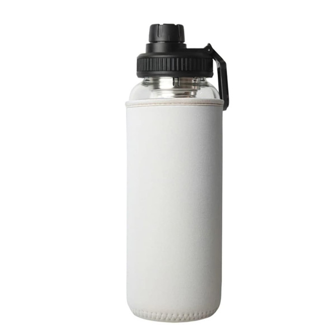 A drink bottle with a transparent body, black lid, and a white protective sleeve. It features a logo.