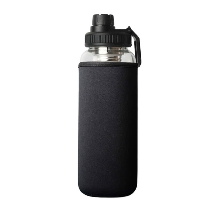 A drink bottle with a transparent body, black neoprene sleeve, and a black screw-on lid. Features a logo.