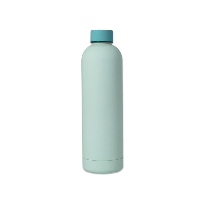 A drink bottle with a turquoise body and matching cap, featuring a logo on the side.