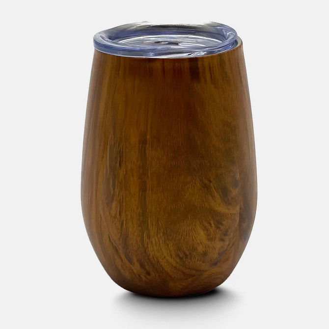 A drink bottle in a wood-textured finish with a clear lid, featuring a sleek and modern design.