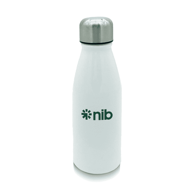 A drink bottle in white with a stainless steel cap and a logo on the front.