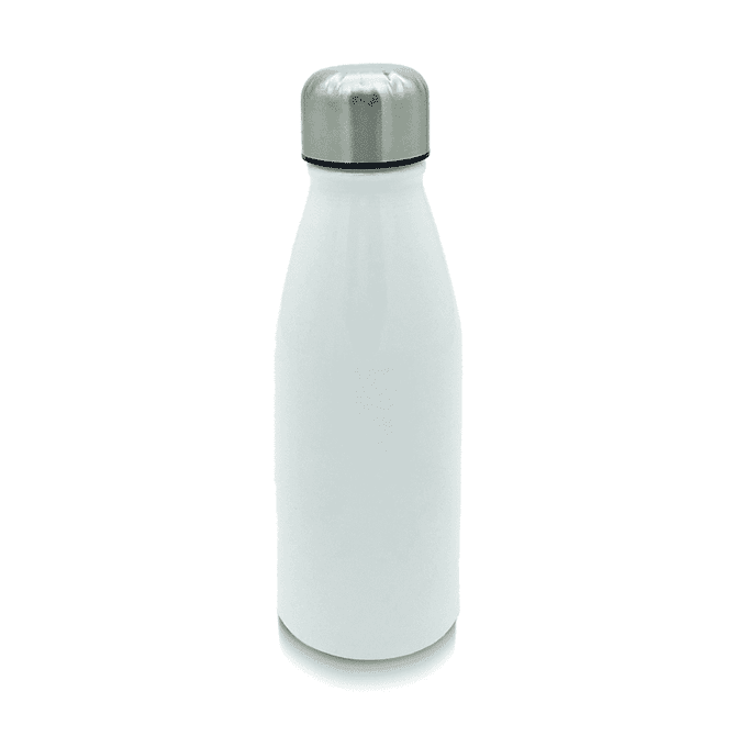 A drink bottle in white aluminium with a stainless steel lid and a logo on its surface.