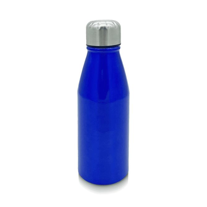 A drink bottle in bright blue aluminium with a stainless steel screw cap. It features a logo on the front.