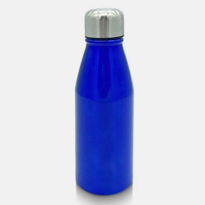 A drink bottle in vibrant blue with a stainless steel cap and a sleek, modern design, featuring a logo.