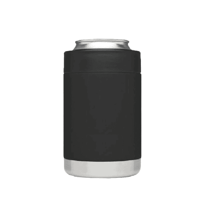 A black stubby cooler with a stainless steel base, designed to hold drink cans securely.